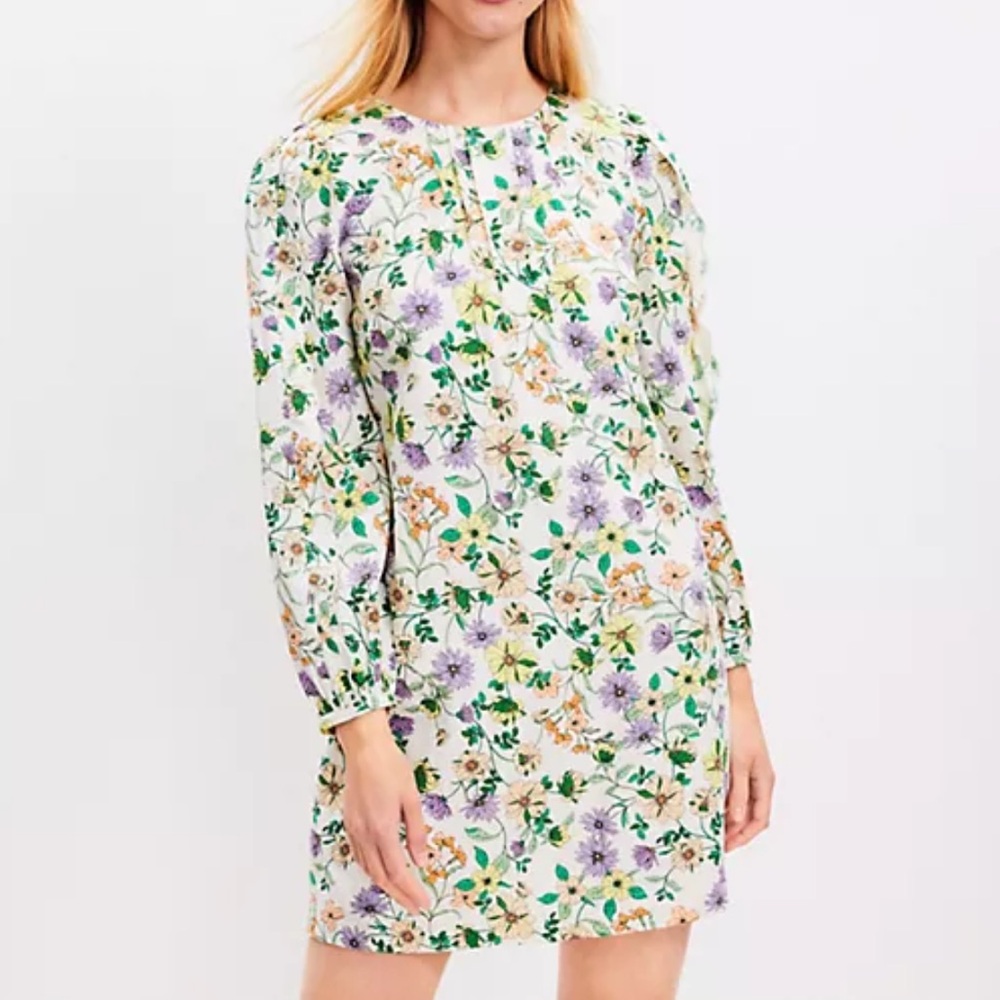 LOFT Floral Shift Dress Size 4 Knee Length Long Sleeve Casual